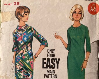 Vintage Sewing Pattern 1960s Only Four Easy  Main Pieces Dress Shirred Neckline Mad Men Era Size Miss 18 Butterick 4312 Roll Collar