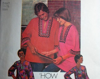 Vintage Pattern Mens Dashiki Peasant Hippie Shirt 1972 Flower Power Top Size Small 34-34