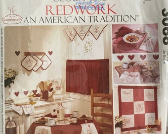 American Tradition Vintage Embroidery Patterns Redwork Red and White Kitchen Accessories Transfers Apron Placemats Curtains Towels and More