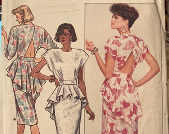 Vintage Sewing Pattern 1987 Back Button Straight Skirt Flounced Peplum Open Back Dress 1980's Style Size 8-10-12 Uncut FF Unused
