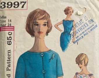 Vintage Sewing Pattern 1960s One Piece Scalloped Neckline Dress Slim or Full Skirt Cummerbund & Jacket Miss size 14 Simplicity 3997