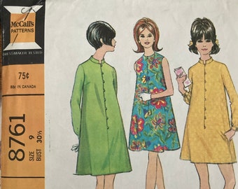 Vintage Pattern Mod Nehru Collar Dress 1967 Beatnik Size 9 Junior