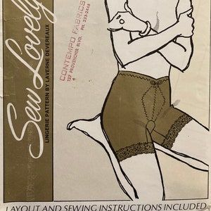 May include: A vintage sewing pattern for a long leg girdle. The pattern includes sizes S, M, L, and XL. The pattern is from Sew Lovely Lingerie and is by Laverne Devereaux. The pattern is for use with Contempo Fabrics, located at 127 Provencher Blvd. and can be reached at 233-2448.