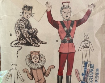 Vintage 1950's Children's Costumes Sewing Pattern Space Man Lion Panda Leopard Bunny Hats Accessories Dress Up Size 10-12