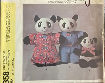 Vintage Sewing Pattern Stuffed Dressed Panda Bear Family Baby Panda Sock Toy 1972 Stretch Knit Retro Stuffies McCalls 3358 FF Uncut