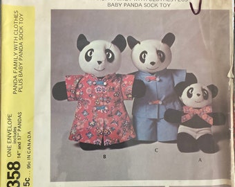 Vintage Sewing Pattern Stuffed Dressed Panda Bear Family Baby Panda Sock Toy 1972 Stretch Knit Retro Stuffies McCalls 3358 FF Uncut