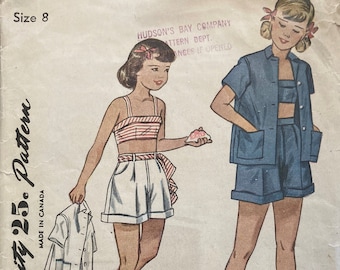 Vintage Sewing Pattern Girls Summer Play Clothes Bra Top, Shorts and Jacket 1949 Size 8 Beach Wear 1940's Fashion