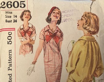 Vintage Sewing Pattern 1958 Chemise Dress Tie Detach Collar Kimono Sleeves Miss size 14 Simplicity 2605 Back Neck Pleats Low Gathered Waist