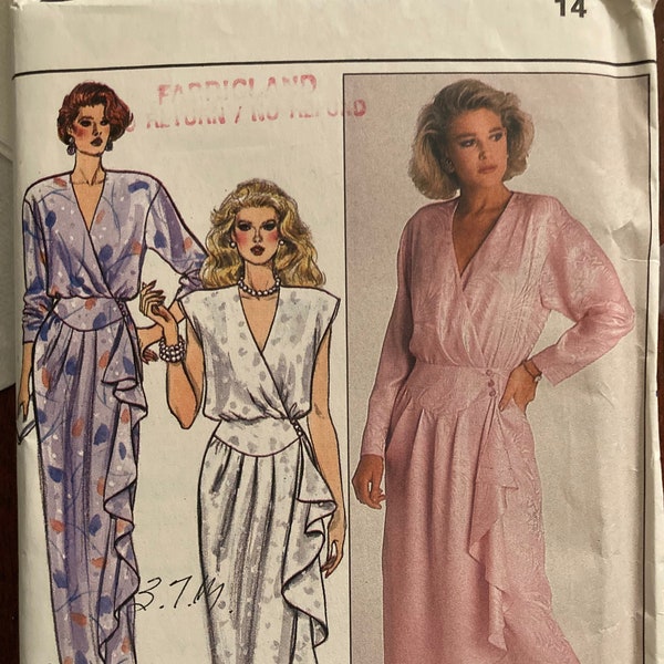 Vintage 1986 Sewing Pattern Classic 80's Wrap Dress Size 14 Blouson Bodice Yoked Skirt with Drape Uncut Butterick 3678 Dropped Shoulders