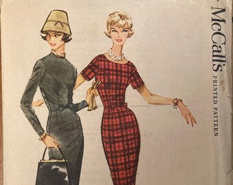 Vintage Sewing Pattern 1959 Mad Men Wiggle Dress Princess Sheath Jewelry Neckline Miss Size 14 McCalls 5055 Easy To Sew