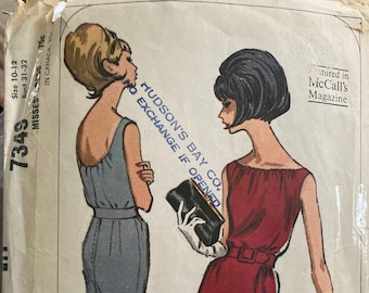 Vintage Sewing Pattern Shirred Bodice Sleeveless Dress 1964 Mad Men Era Size Miss 12 McCalls 7349