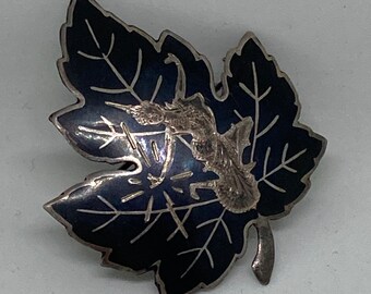 Vintage SIAM Silver Niello Mekkala Goddess of Lightening Temple Dancer Leaf Shaped Brooch Pin 1950s ALPHA Sterling Silver