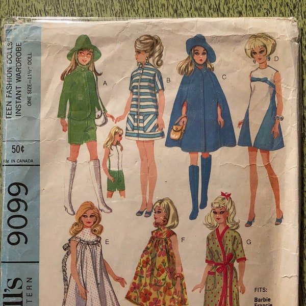 Vintage 1967 Teen FASHION DOLL Wardrobe 11-1/2" Female Sewing Pattern Barbie Midge Tammy Mod Dresses Jacket Cape Robe Nightgown More