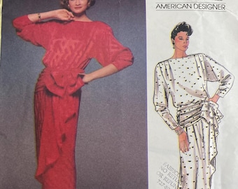 Vogue American Designer KASPER 80s Sewing Pattern 1510 Dream Eveningwear Tied Draped Skirt Extended Tucked Shoulders Size 12 FF Uncut 1985