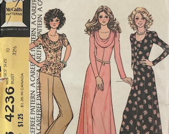 Vintage 1974 Sewing Pattern Misses Maxi Length Pullover Dress or Top Cowl Collar Size 10 Unbonded Stretch Knits McCalls 4236