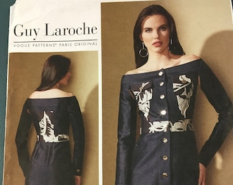 Guy Laroche Vogue Paris Original Designer Sewing Pattern Off the Shoulder Shirt Dress Pockets Top Stitching Miss 14-22 Uncut 2017