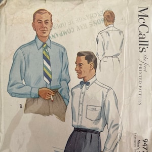 May include: A vintage McCall's sewing pattern for a men's shirt. The pattern is printed on paper and shows a man wearing a light blue shirt with a striped tie and a white shirt with a bow tie. The pattern number is 9477 and the size is 16. The text "McCall's the first PRINTED PATTERN" is printed on the right side of the pattern.
