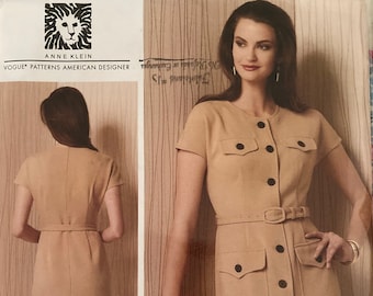 Vogue American Designer Sewing Pattern Anne Klein Fitted Dress and Belt Size 6-8-10-1214 Uncut 2016 Button Flaps Pockets Cap Sleeves