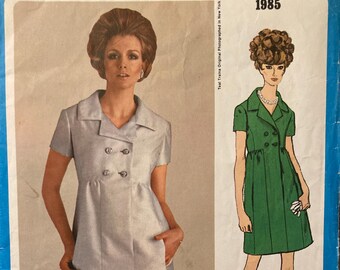 Vintage 1968 Vogue Americana Design Sewing Pattern Teal Traina Double Breasted Step-In Dress Empire Gathered Waist Notched Collar Size 14