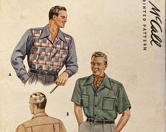 Vintage Sewing Pattern Men's Sports Shirts 1945 Back Yoke 40s Fashion McCall 6166 Long or Short Sleeves Size Medium 15-15-1/2 Patch Pockets