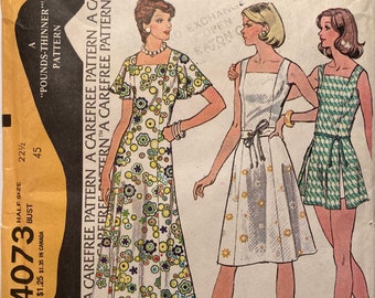 Vintage Sewing Pattern 70s Half Size Princess Seam Dress or Playdress and Shorts Back Zipper 45" Bust Size 22-1/2 McCalls 4073 FF Uncut 1974