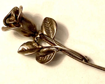 Vintage Silver Long Stemmed Rose Pin Brooch Sterling Safety Catch 1-7/8” Long 1960s Flower Pin