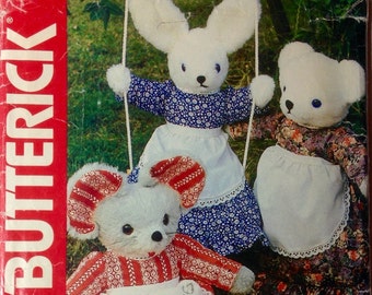 Vintage Sewing Pattern 27" Dressed Stuffed Toys Pajama Bags Mouse Rabbit Bear Dress Apron 1980's