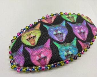 Howling Space Cats Beaded Hairclip  Beads Barrette Handstitched Hair Accessory Neon Felines Cotton Print