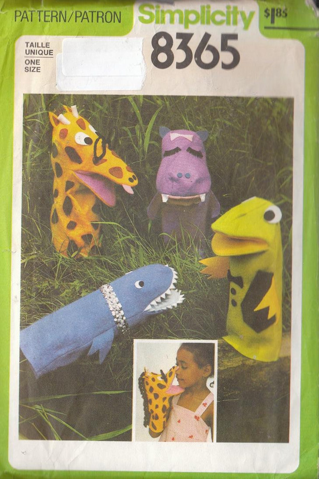 Vintage Sewing Pattern Felt Hand Puppets Frog Hippo Giraffe Shark 1977 ...