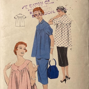 May include: Vintage Butterick sewing pattern with illustrations of women's clothing. The pattern includes a blue skirt suit, a red and white checkered top, and a white top with a blue pattern. The bust size is 76 cm.