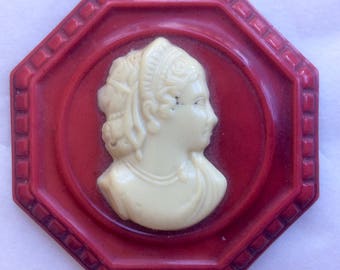 Vintage Celluloid Cameo Pin Brooch Ivory and Brick Red Hard Plastic 1930s Jewelry