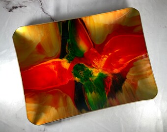Vintage SEETUSEE Art Glass Large Rectangular Tray Red Gold Green Leather Backed 1960s Manitoba Mayfair Glass Psychadelic Decor 18-1/2"