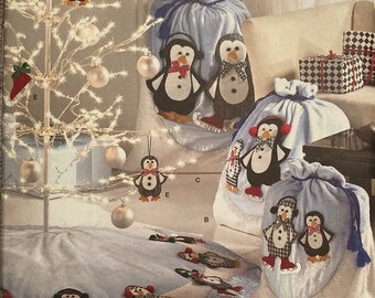 Holiday Decor Sewing Pattern Christmas Penguins Decorations Gift Bags and Skirt Uncut 2009