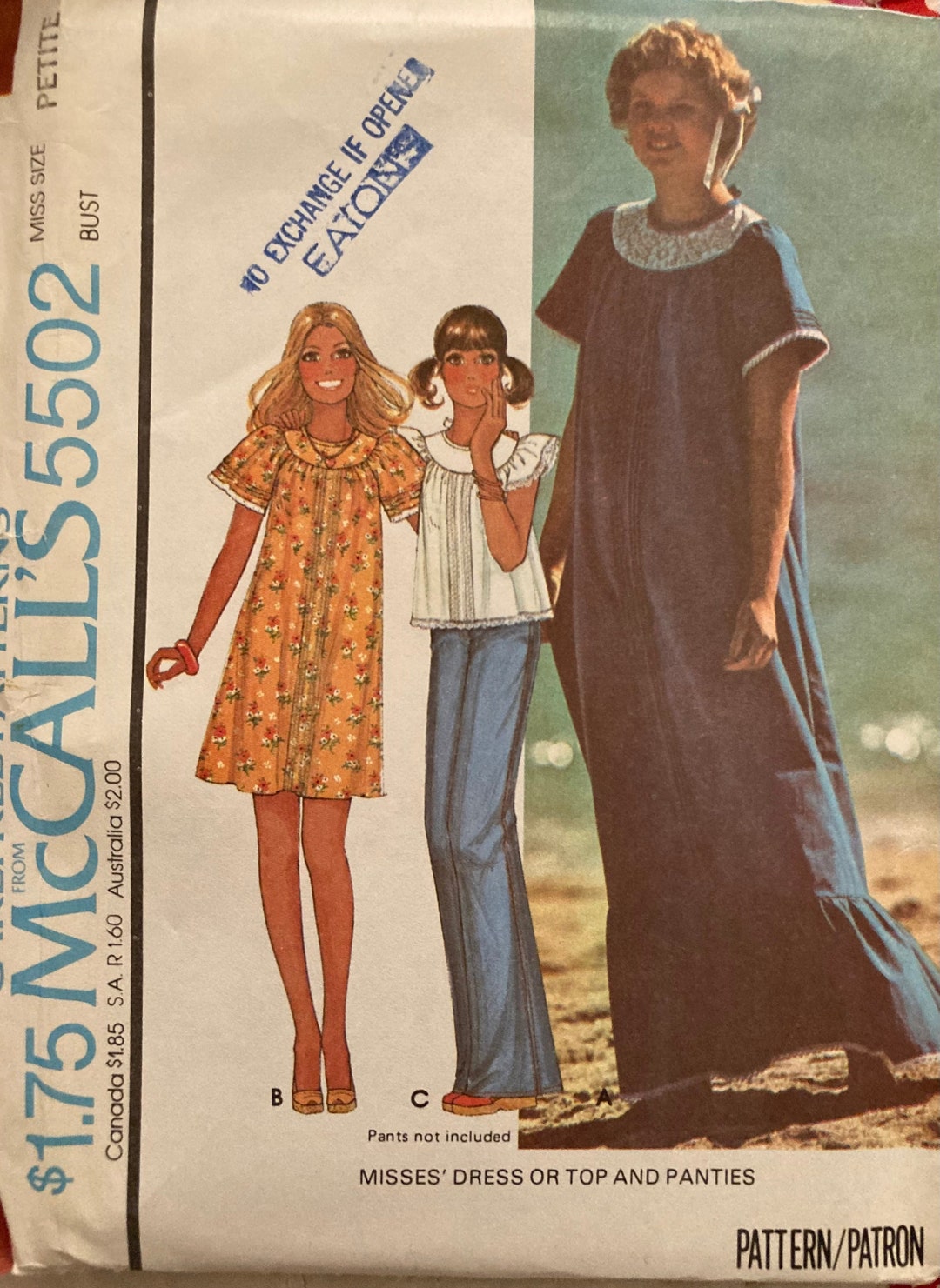 Vintage 70s Fashion Sewing Pattern Loose Fit Yoked Dress and Panties ...