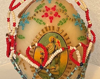 Vintage Beaded Wax Egg Glass Beads Holy Icon with Beaded Holder Handmade Easter Decor Religious Memorabilia European Monastic Art