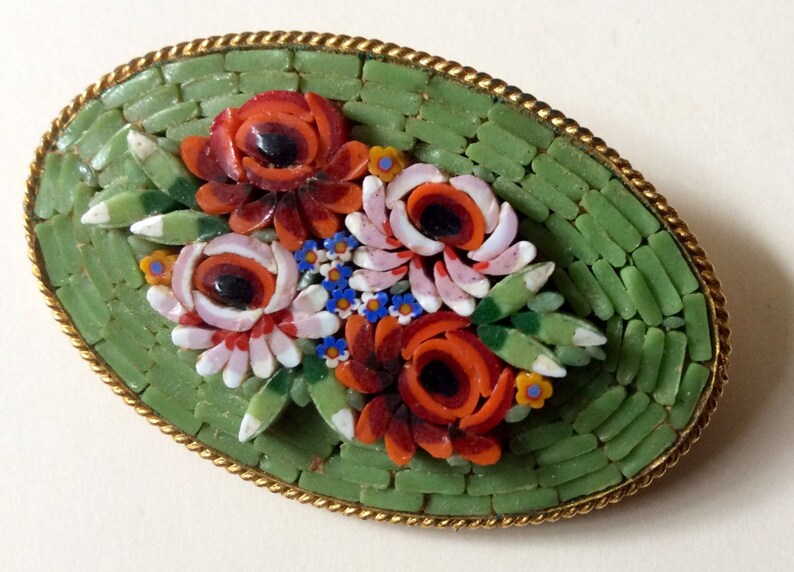 Vintage Mosaic work Pin Brooch Floral Multicoloured Italy 1950/'s Green Oval Background Goldtone
