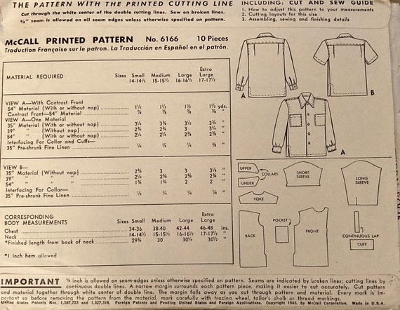 Vintage Sewing Pattern Men's Sports Shirts 1945 Back Yoke Vintage Sewing Pattern Men's Sports Shirts 1945 Back Yoke