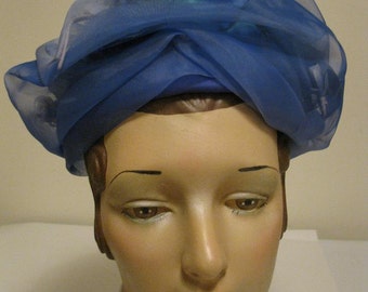 Vintage 1960s Cornflower Blue Silk Organza Swirl Floral Hat Andre