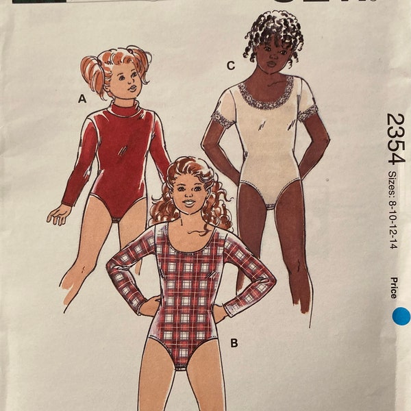 Vintage Kwik Sew Sewing Pattern Girls' Bodysuits 2354 Maillot Gym Suit Two Way Stretch Sizes 8-14 Neckline Variations 1994 FF Uncut