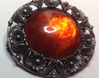 Vintage Danish Sterling Silver Cognac Amber Round Pin Brooch N.E. From Denmark Detailed Flower Frame