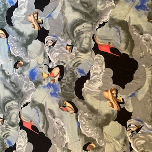 May include: A black fabric with a repeating pattern of grey clouds, blue and red abstract shapes, and gold and black figures. The figures are suspended from strings with small black spheres.