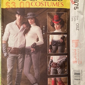 May include: McCall's Costumes pattern envelope showing a man and woman in steampunk-style outfits. The image displays costume elements such as hats, gloves, belts, and boots. The price is £2.37.