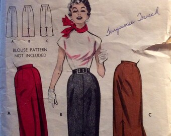 Vintage Sewing Pattern Misses Slim Four Gore Inverted and Kick Pleats 1950s Waist 24"