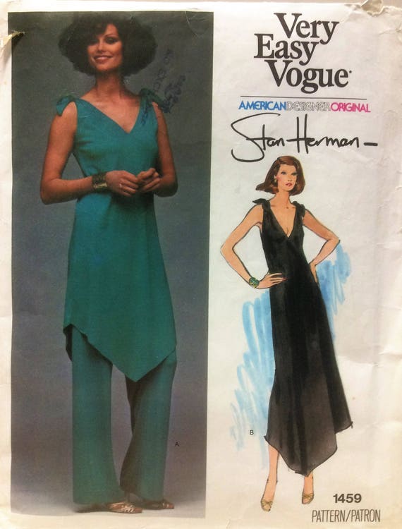 Vintage Vogue American Designer Sewing Pattern Uncut Stan Herman Evening Dress Tunic Pants 1980's Size 6 Tie Shoulders Shaped Hemline
