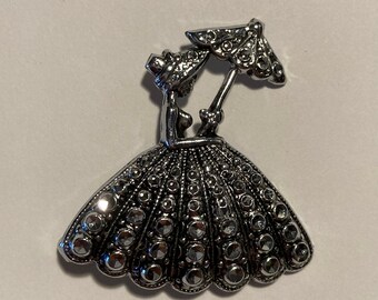Vintage Faux Marcasite Staybrite Faceted Metal Crinoline Lady with Bonnet and Parasol Pin 1949s Charles Horner Brooch