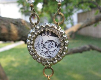 Happy Dreamer Man Bottlecap Pendant Vintage Bead Necklace