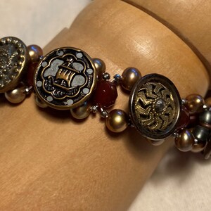 Vintage Brass Button Bracelet Recycling for your Wrist Antique Picture Buttons Freshwater Pearls Carnelian Cut Steel Beads Sterling Clasp