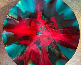 Vintage Large SEETUSEE Art Glass Round Ruffled Edge Tray Red  Green Leather Backed 1960s Manitoba Mayfair Glass Psychadelic Decor 12-3/4"