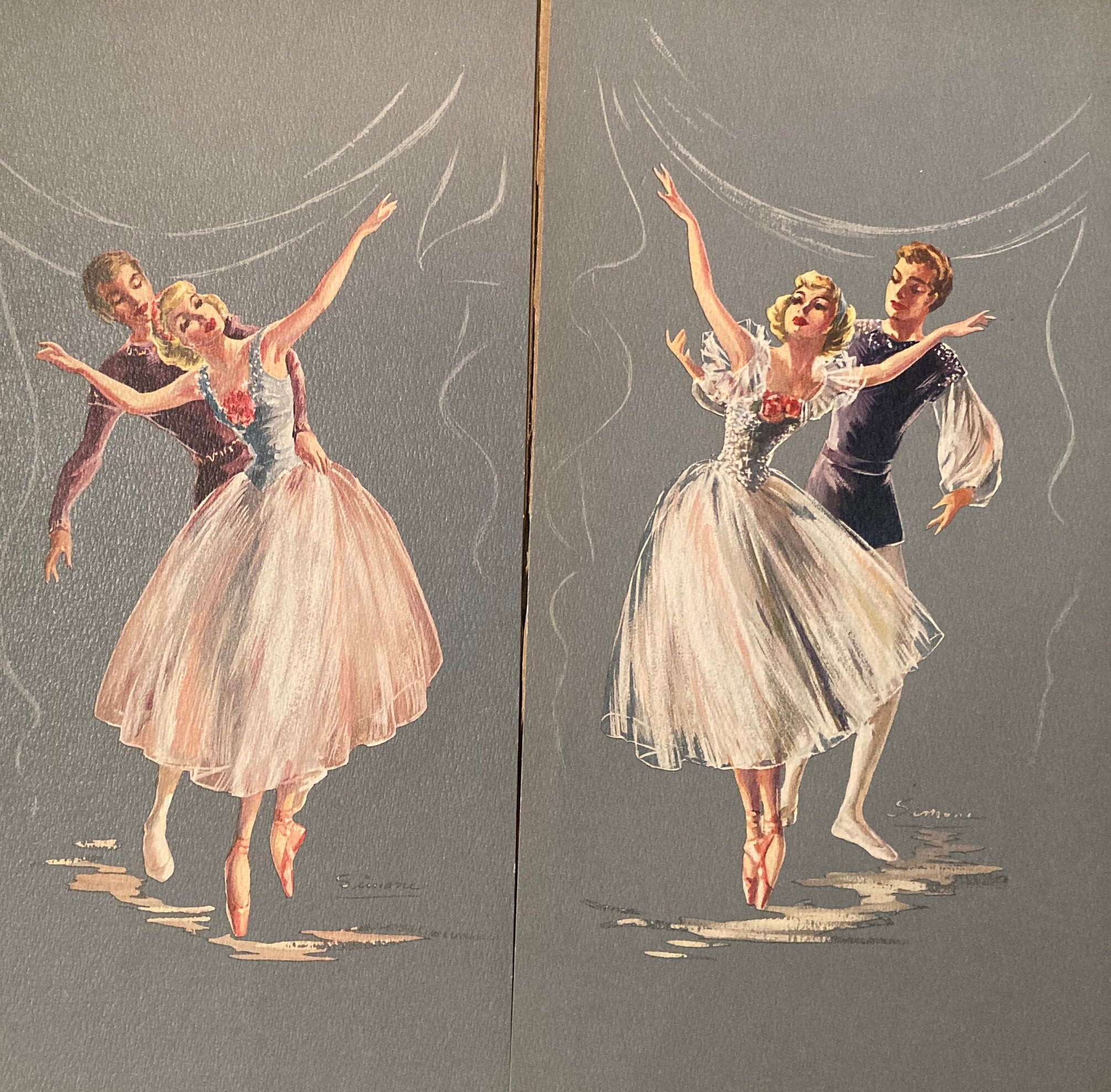 Vintage Ballet Dancer Prints 1950s Simone Art Kitschy Dance Romantic Tutus in Tights Dusty Blue Background 6 x12 Set of 2