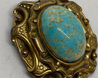 Vintage Antique Gold Tone Metal Dimensional Scrollwork Dress Clip High Relief Turquoise White Glass Cabochon Art Deco Jewelry